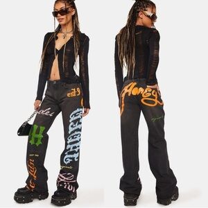 Jaded London Petite Honey Bum Print Low Rise Black Flare Jeans size 8